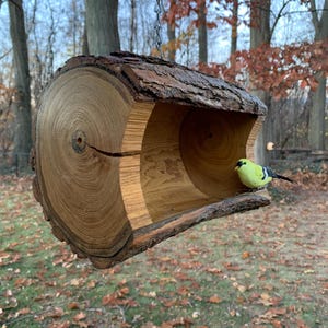 Puede incluir: Un comedero para pájaros de madera con forma de tronco hueco, colgado de una cadena. Un pequeño pájaro amarillo con marcas negras está posado en el borde del comedero.