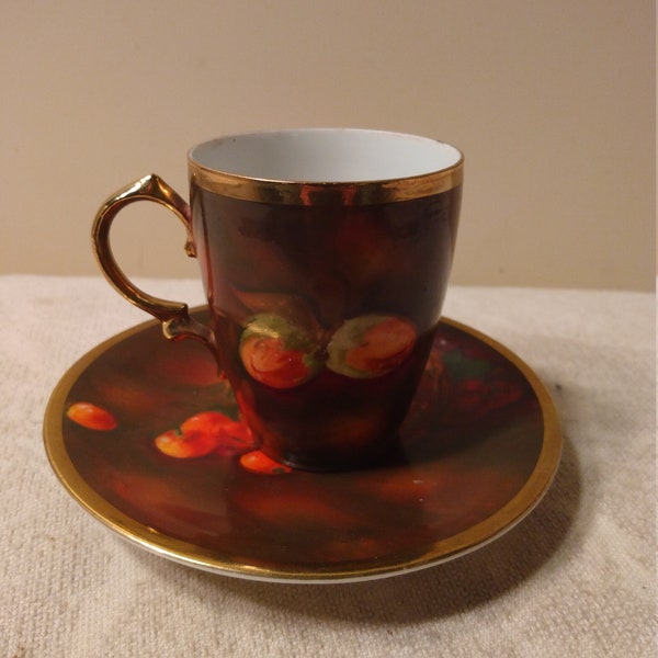 Beautiful Antique Royal Munich Bavaria Hand Painted Signed Fruit Vegetable Basket Porcelain Demitasse Tea Cup  Saucer in Perfect Condition