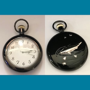 New unisex Quartz silver and black enamel classic pocket watch with embossed fish design, great gift idea