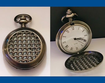 New unisex Quartz patinated steel half hunter classic pocket watch with a pierced embossed net design, great gift idea