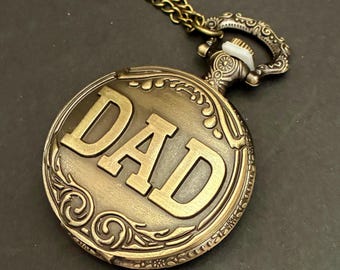 New unisex Quartz half hunter classic pocket watch with embossed Dad script design, great gift idea, Father’s Day