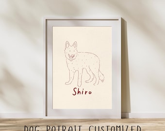 May include: A framed illustration of a dog with the name "Shiro" written below. The dog is drawn in a simple line style with a red colour.