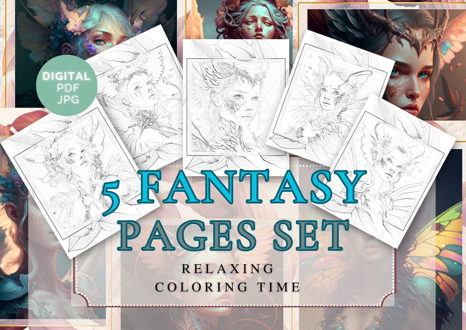5 Fantasy Beauty Girl Coloring Pages Set Beautiful Frame for Adults ...