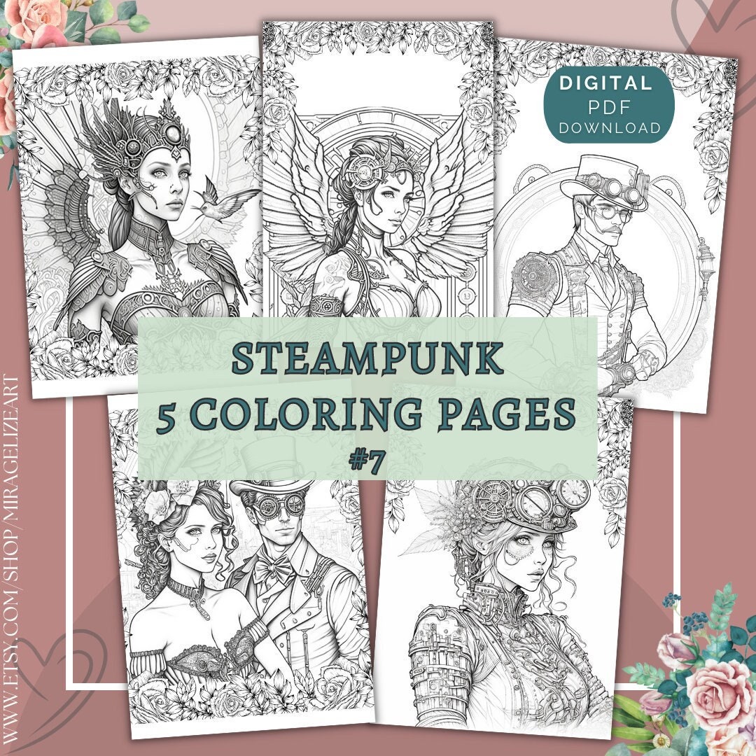 5 Steampunk Artwork 7 Beautiful Coloring Page for Adults Instant ...