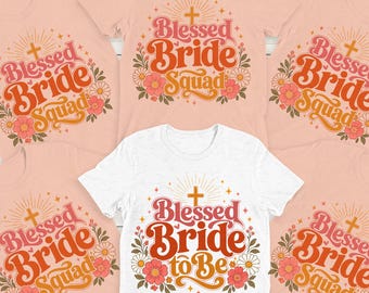 May include: Five short-sleeved t-shirts arranged in a group. Four shirts are light peach, each featuring a graphic with a cross, flowers, and the text Blessed Bride Squad. One white shirt in the center features the text Blessed Bride to Be.