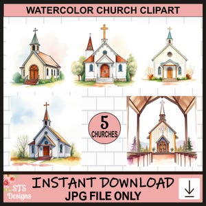 Kirche Clipart, Kirche Designs, druckbare Aquarell Clipart, Kirche JPG, digitaler Download, weiße Kirche, kirchliche Hochzeit, hohe Qualität, Karte