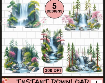 Waterfall Designs, Waterfall PNG, Waterfalls, Bundle, Waterfall Design,PNG, Shirt Design, Watercolor, clipart, Digital, Commercial Use,