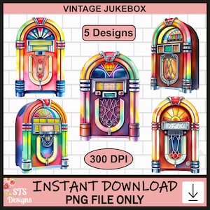 Jukebox, PNG, Jukebox rétro, vintage, aquarelle, Jukebox Designs, années 1950, 1960, Clipart, Jukebox Bundle, usage commercial, numérique