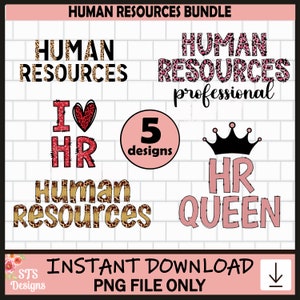 May include: A set of five digital designs featuring leopard print and pink text. The designs include "Human Resources", "I ♥ HR", "Human Resources professional", "Human Resources" and "HR Queen" with a crown.