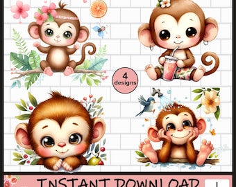 Cute Monkey Design, PNG, Monkeys, Watercolor, Monkey bundle, Tshirt Designs, Sublimation, Commercial Use, Baby Monkey, Clipart, Digital
