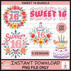 Sweet 16-ontwerp, 16e verjaardag, Sweet 16, png, bundel, clipart, tshirtontwerpen, sublimatie, commercieel gebruik, ontwerpen, digitale download
