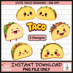 Könnte beinhalten: Fünf Cartoon-Taco-Designs mit lächelnden Gesichtern. Die Tacos sind gelb mit verschiedenen Füllungen und Belägen. Der Text "TACO" und "5 Designs" ist ebenfalls im Bild enthalten.