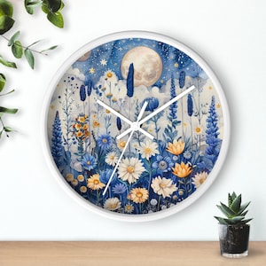 Flower Clock, Kitchen Clock, Floral Clock, Blue, White, Yellow, Pretty Flower Clock, Blue, Clock, Vintage Wildflower, Gift for, Celestial