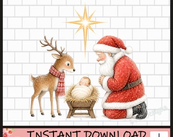 May include: A digital illustration featuring Santa Claus kneeling beside a manger with a baby, accompanied by a reindeer wearing a red patterned scarf. A large gold star shines above them against a white brick background. Text reads SANTA AND JESUS PNG - 300 DPI.