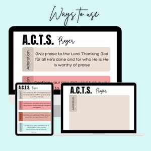 May include: A digital illustration of a computer screen showing a pink and beige background with the text "A.C.T.S. Prayer" and the words "Adoration, Confession, Thanks, Supplication" listed vertically on the left side of the screen. The text "Give praise to the Lord. Thanking God for all He's done and for who He is. He is worthy of praise" is displayed in a beige box on the right side of the screen.