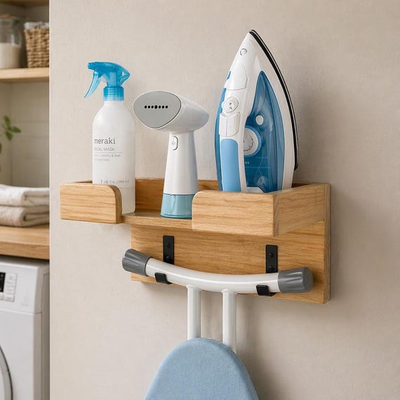 Solid Wood Ironing Board Wall Mount Holder with Storage Shelf | Laundry Organizer