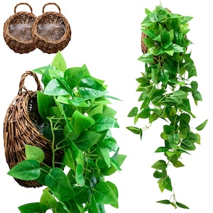 2-Pack Fake Hanging Plants Artificial Decor (with Handwoven Baskets) - Fake Ivy Vines Pothos - Outdoor Decorations for Patio - Wall Mounted