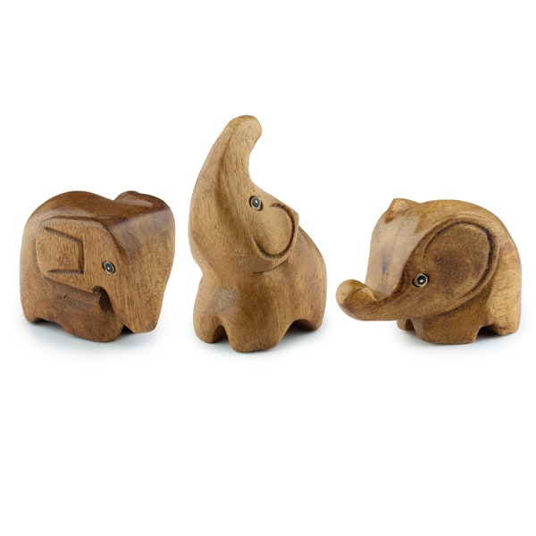 3 Elephant Figurines - Elephant Decor For Home Office - Cute Elephant Gifts for Women - Wood Elephant Statue - Elephant Sculpture Decoration