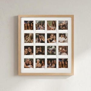 May include: A square wooden picture frame containing a white mat with sixteen individual square cutouts. Each cutout displays a different color photograph, arranged in a four-by-four grid, featuring various groups of people in social settings.