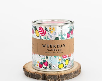 Soy Wax Vegan Friendly Candle | Colorful Fun Paint Tin Candle  | Paradise | Island Fruits & Apple Blossom | Crackling Wood Wick Candle