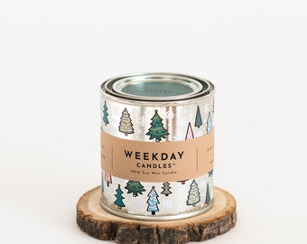 Soy Wax Hand Poured Candle | Colorful Paint Tin | Winter | Blue Spruce, Vanilla, and Sugar Scented Candle | Crackling Wood Wick