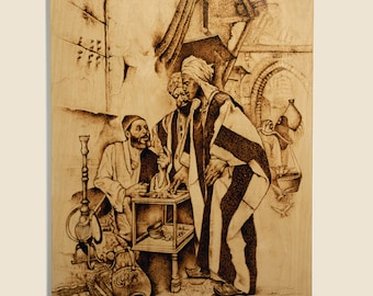Original Wood Burning Art, Orientalist Pyrography Drawing