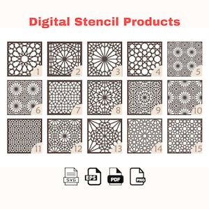 Peut inclure: Quinze modèles de pochoirs numériques avec des motifs géométriques complexes, numérotés de 1 à 15. Les pochoirs sont de couleur marron foncé et présentés dans des cadres carrés. L'image comprend également des icônes de type de fichier SVG, EPS, PDF et PNG.