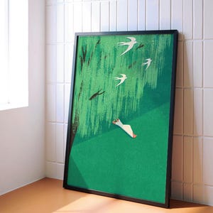 Relaxing Nature Wall Art – Korean Decoration Wall Art, Soothing Digital Download, Calm Home Decor, Japanese Retro Green Art Print