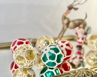 1950-1960 Glass Ornaments with Hand Crocheted Cover. Vintage, MCM, Hand Made Ornaments.
