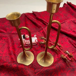 Vintage Brass Trumpet-Shaped Candle Holders | Mid-Century Decor