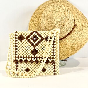 Vintage 1970’s Cream and Brown Geometric Beaded Purse | Summer Purse | Retro Bag | MCM Fashion | Boho Bag