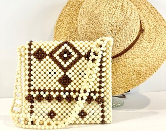 Vintage 1970’s Cream and Brown Geometric Beaded Purse | Summer Purse | Retro Bag | MCM Fashion | Boho Bag