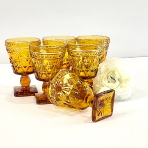 Vintage Amber Pedestal Glassware | Indiana Glassware | Colony Park Lane | MCM Glassware | Thumbprint Glassware | Retro Glasses | Set of 6