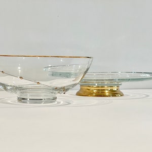 MCM, Glass Serving Pieces, Bowl with Gold Swirl and Dots Design, Serving Plate Glass Round with Gold Pedestal