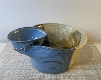 Studio Art Pottery Chip and Dip Bowl Server Drip Glaze Blue White Signed 11" 