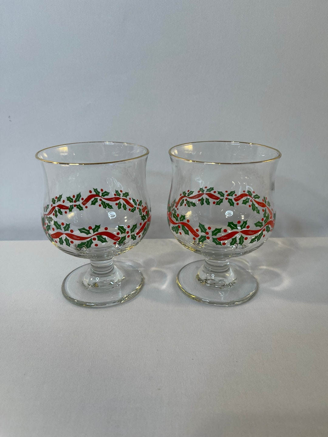 Vintage Christmas Wine Glasses 1970's Glassware Retro Holiday Glasses