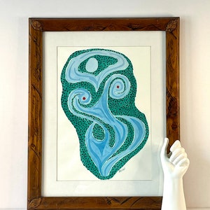 MCM, Vintage Modern Abstract, Original Art, Blue and Green, Boho, Retro Art, Signed