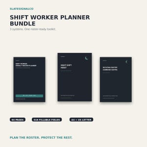 May include: A digital planner bundle titled Shift Worker Planner Bundle by Slatesignalco. It includes three dark-themed documents: Shift Worker Weekly Roster Planner, Night Shift Reset, and Rotating Roster Command Centre. Features 64 pages, 516 fillable fields, and A4 plus US Letter sizes.