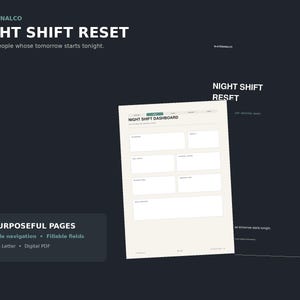 May include: A digital Night Shift Reset planner featuring a dashboard page with fillable fields and clickable navigation. The document includes 32 pages in A4 and US Letter sizes, presented against a dark background with the text Night Shift Reset.