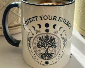 Spiritual Mug, Moon phases, Daily Affirmations, Yoga Mug, witch mug, witchy gift, Yogi energy, Chakra system, Protect your energy,moon mug