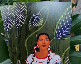 Lámina de arte indígena mexicano, mujer de inspiración purépecha, decoración de pared mexicana