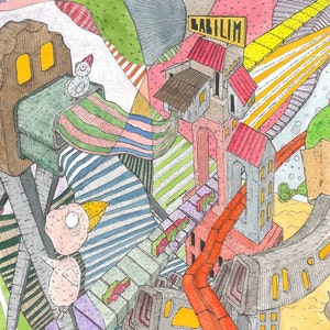 Babilim I Postkarte, Buchführer, Moderne Kunst, Malerei, Stadtansicht, Illustration, Vögel, Aquarell, Wanddekoration, Druck, Zeichnung.