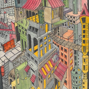 Cidade das maravilhas I cartão postal, arte moderna, pintura, paisagem urbana, ilustração, aquarela, decoração de parede, desenho.