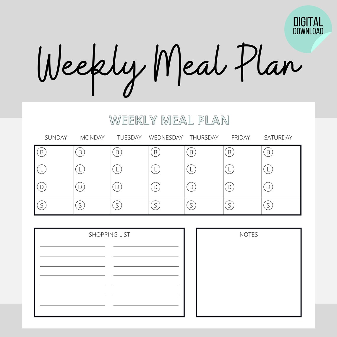 Weekly Meal Plan Meal Planner Sunday Saturday Weekly | Etsy
