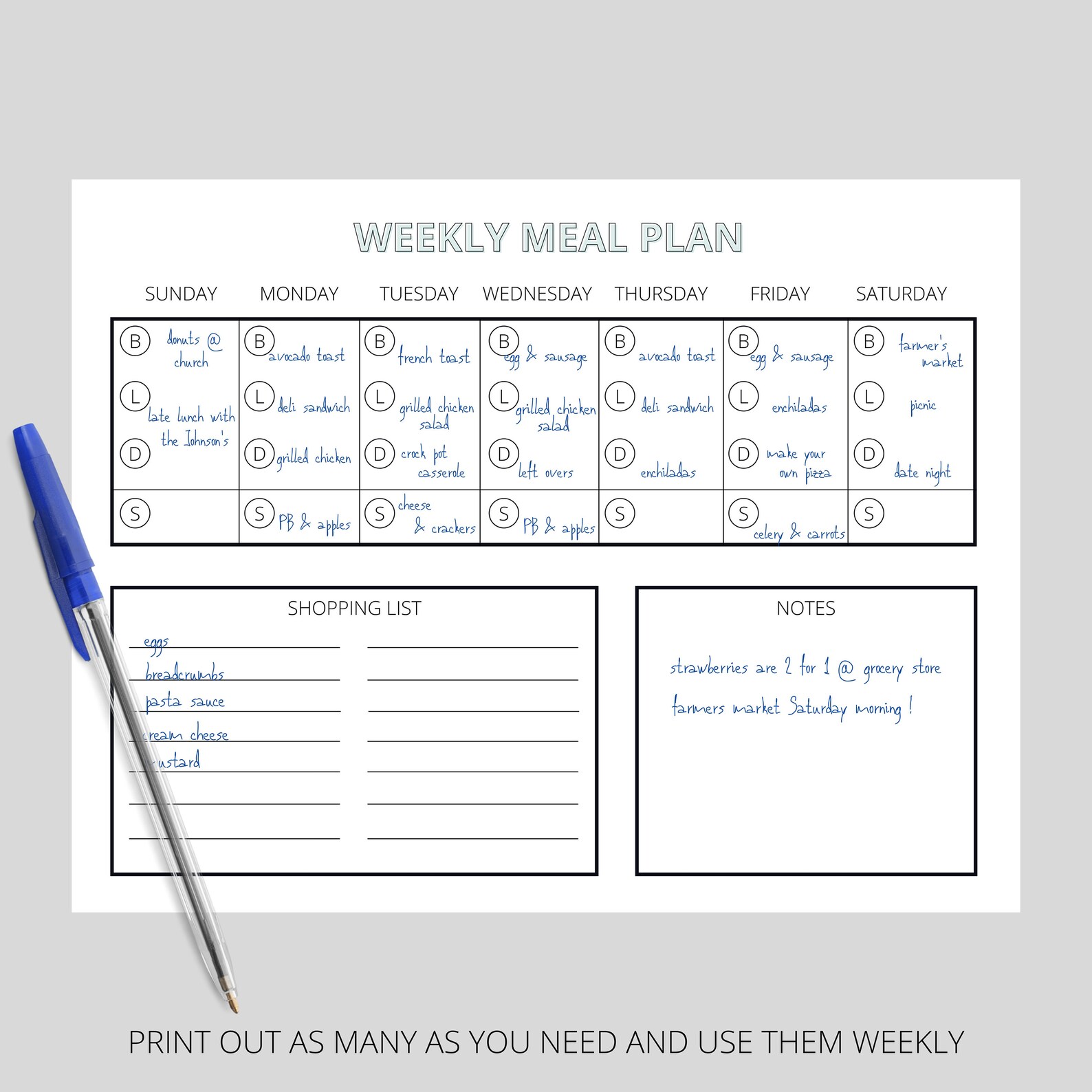 Weekly Meal Plan Meal Planner Sunday Saturday Weekly | Etsy