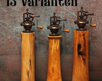 Pepper mills pear, walnut, cherry or apple wood / turned / with adjustable fineness, practical and decorative