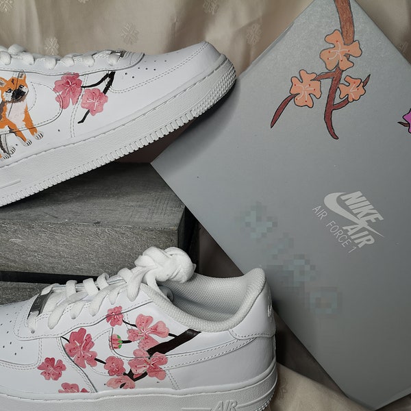 Dog Shiba Inu Puppy Cherry Blossoms Custom sneakers "No Name" Nike Air Force 1 |Hand painted and customized Nike AF1