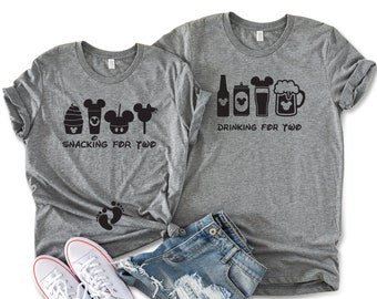 Snacking for Two & Drinking for Two Unisex T-shirts, Disney Pregnancy Reveal Matching Shirts, Disney Matching Couple Shirts, Epcot Shirts