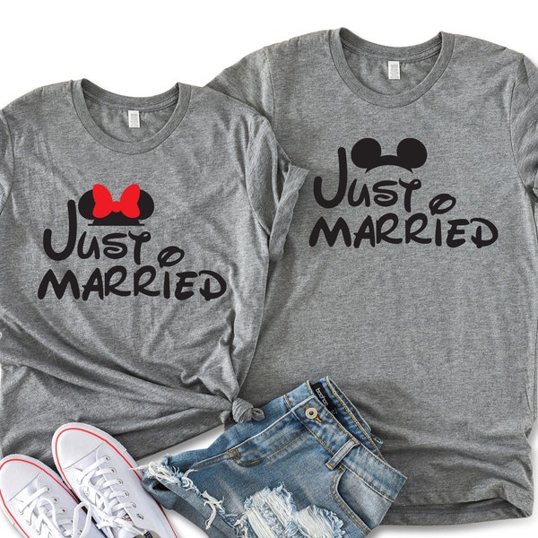 Just Married Minnie & Mickey Unisex T-shirts, Disney Matching Couple Tees, Disney Wedding Matching Tees, Disney Honeymoon T-shirts