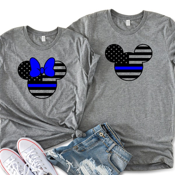 Police Minnie & Mickey Mouse Unisex T-shirts, Disney Blue Line Matching Couple Tees, Disney Police Matching Tees, Disney Vacation T-shirts